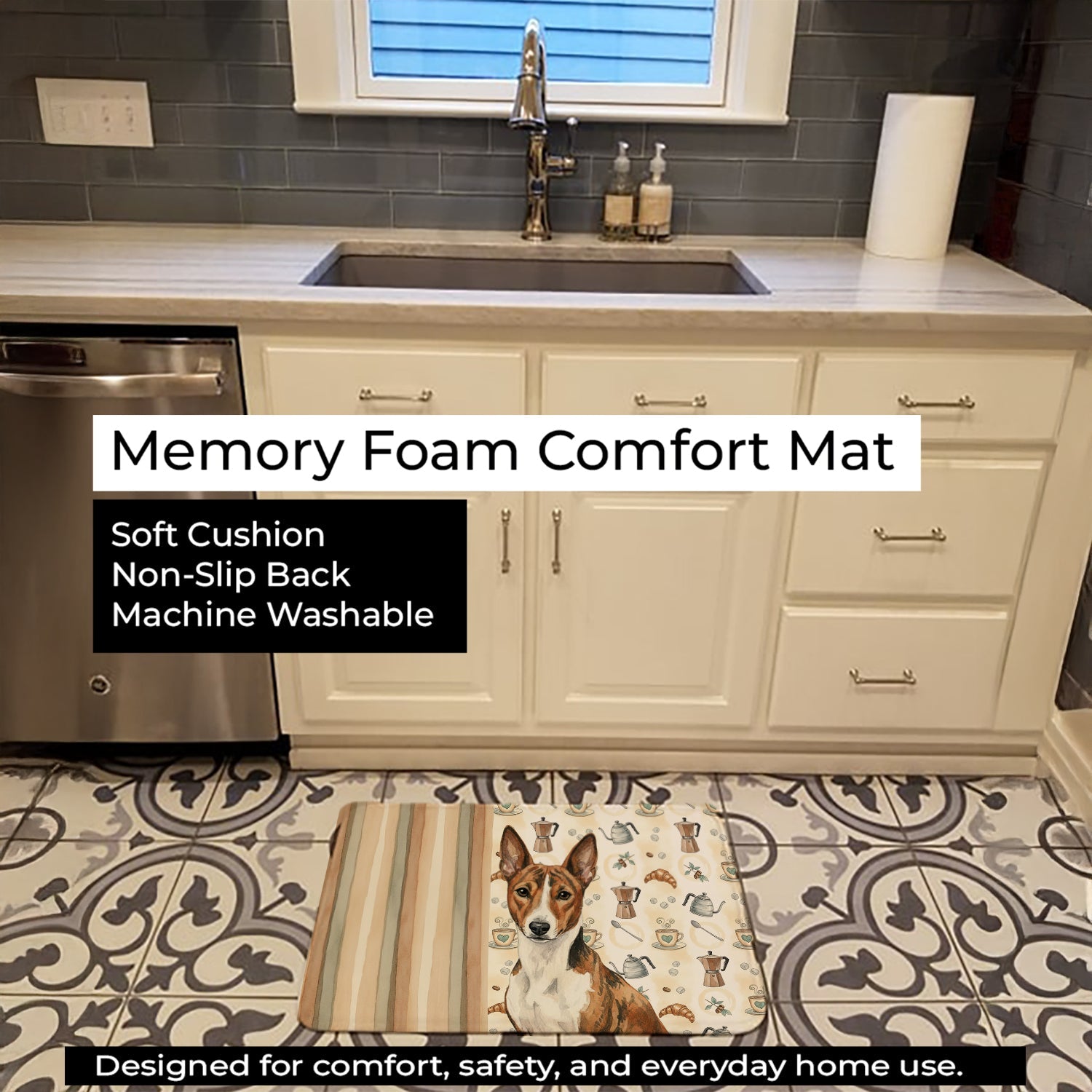 Brindle and White Basenji Coffee Bar Memory Foam Kitchen Mat Machine Washable Anti-Fatigue Cushion Comfort Bath or Kitchen Rug