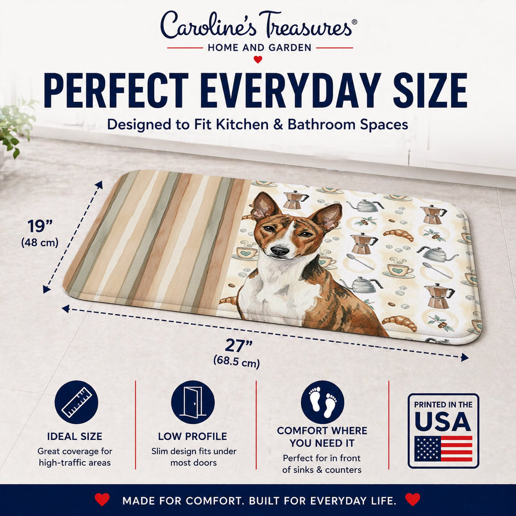 Brindle and White Basenji Coffee Bar Memory Foam Kitchen Mat Machine Washable Anti-Fatigue Cushion Comfort Bath or Kitchen Rug