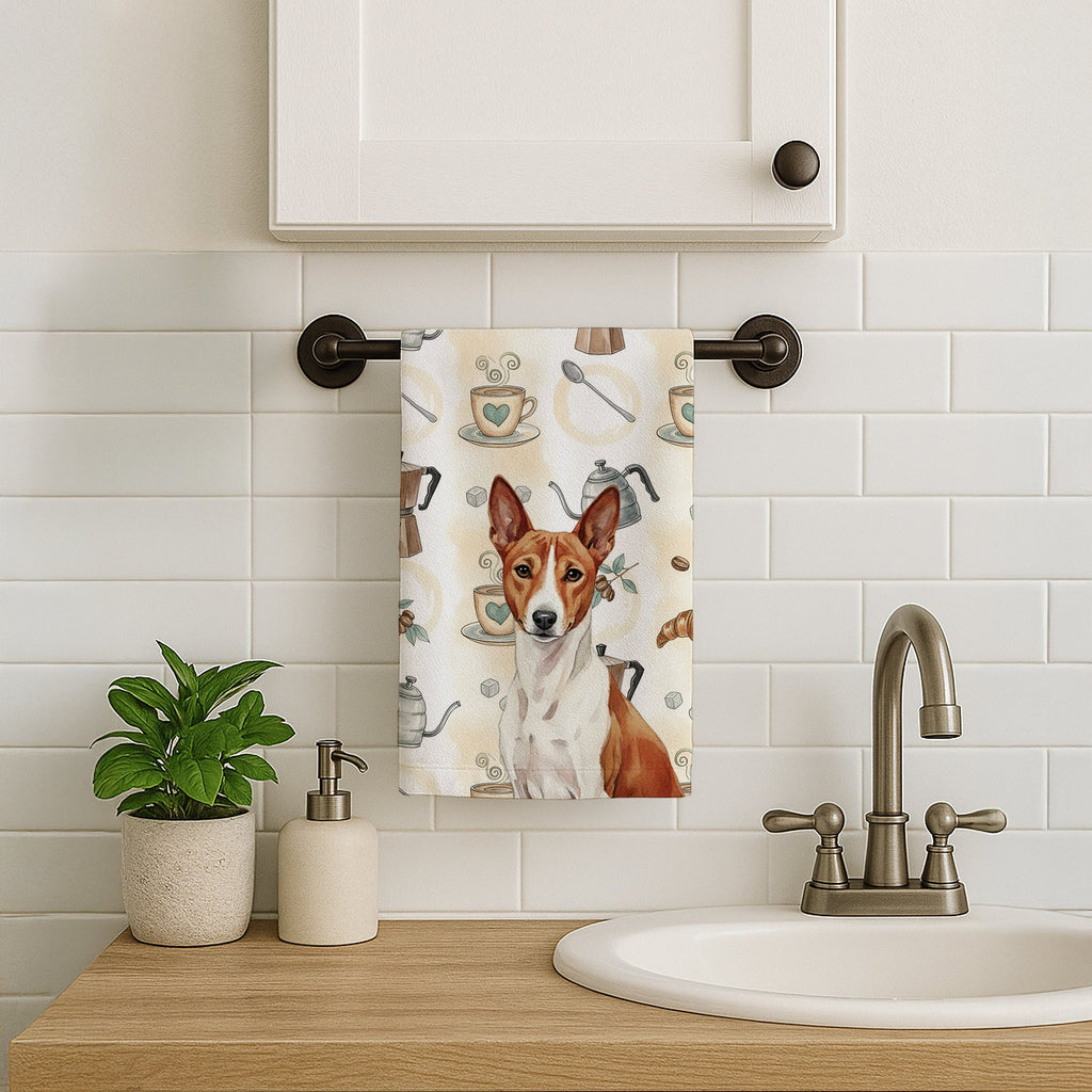 Red and White Basenji Coffee Bar Kitchen Towel Velour Plush Front and Cotton Loop Back Machine Washable