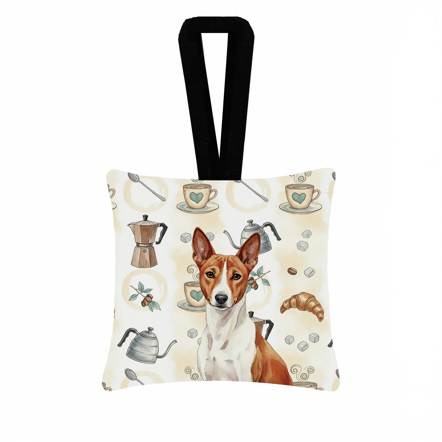Red and White Basenji Coffee Bar Hanging Square Fabric Ornament 3.5 � 3.5 Decorative Door-Knob & Tree Hanger, Soft Fabric