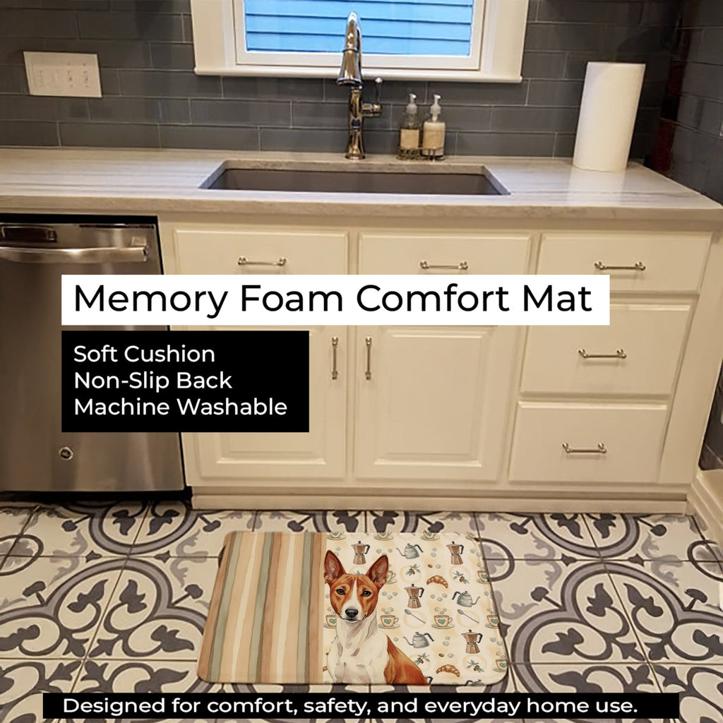 Red and White Basenji Coffee Bar Memory Foam Kitchen Mat Machine Washable Anti-Fatigue Cushion Comfort Bath or Kitchen Rug