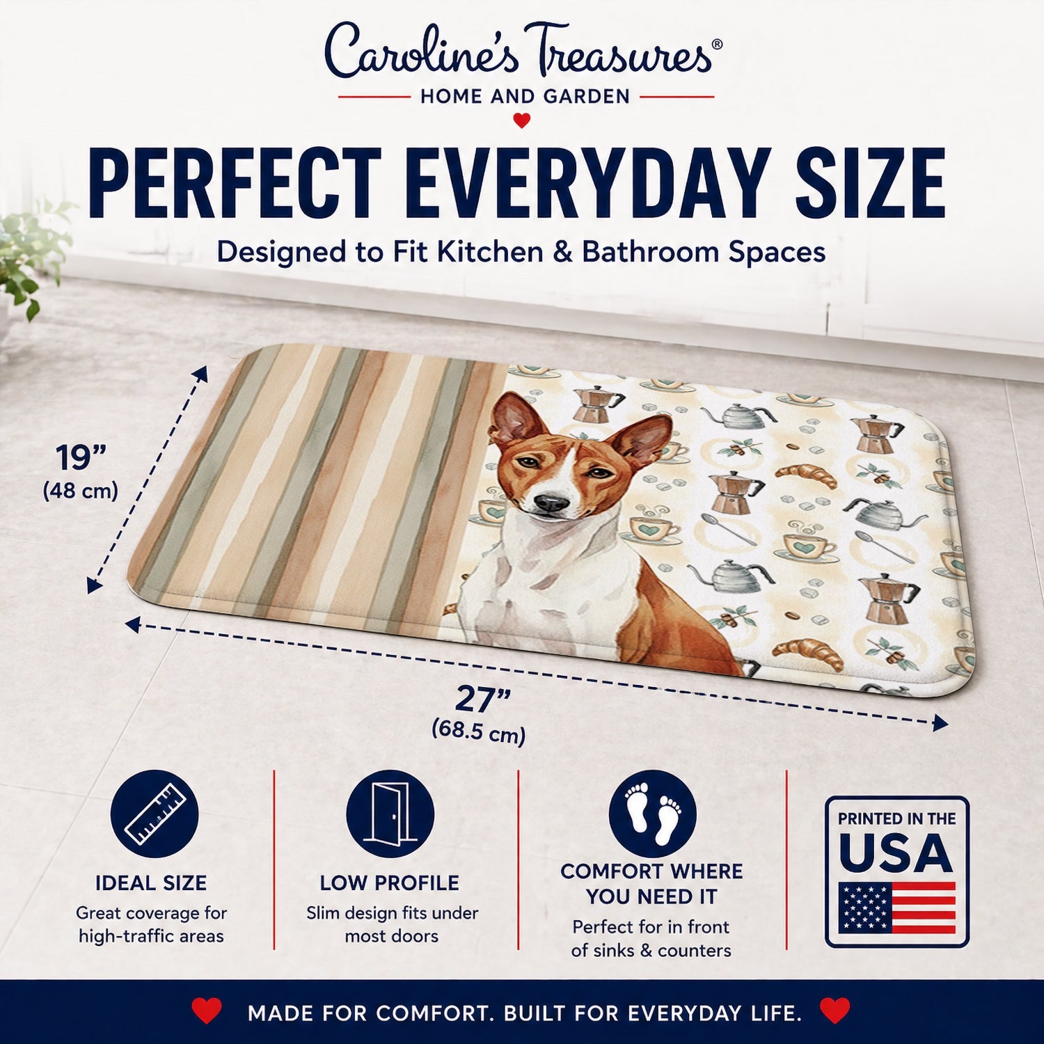 Red and White Basenji Coffee Bar Memory Foam Kitchen Mat Machine Washable Anti-Fatigue Cushion Comfort Bath or Kitchen Rug