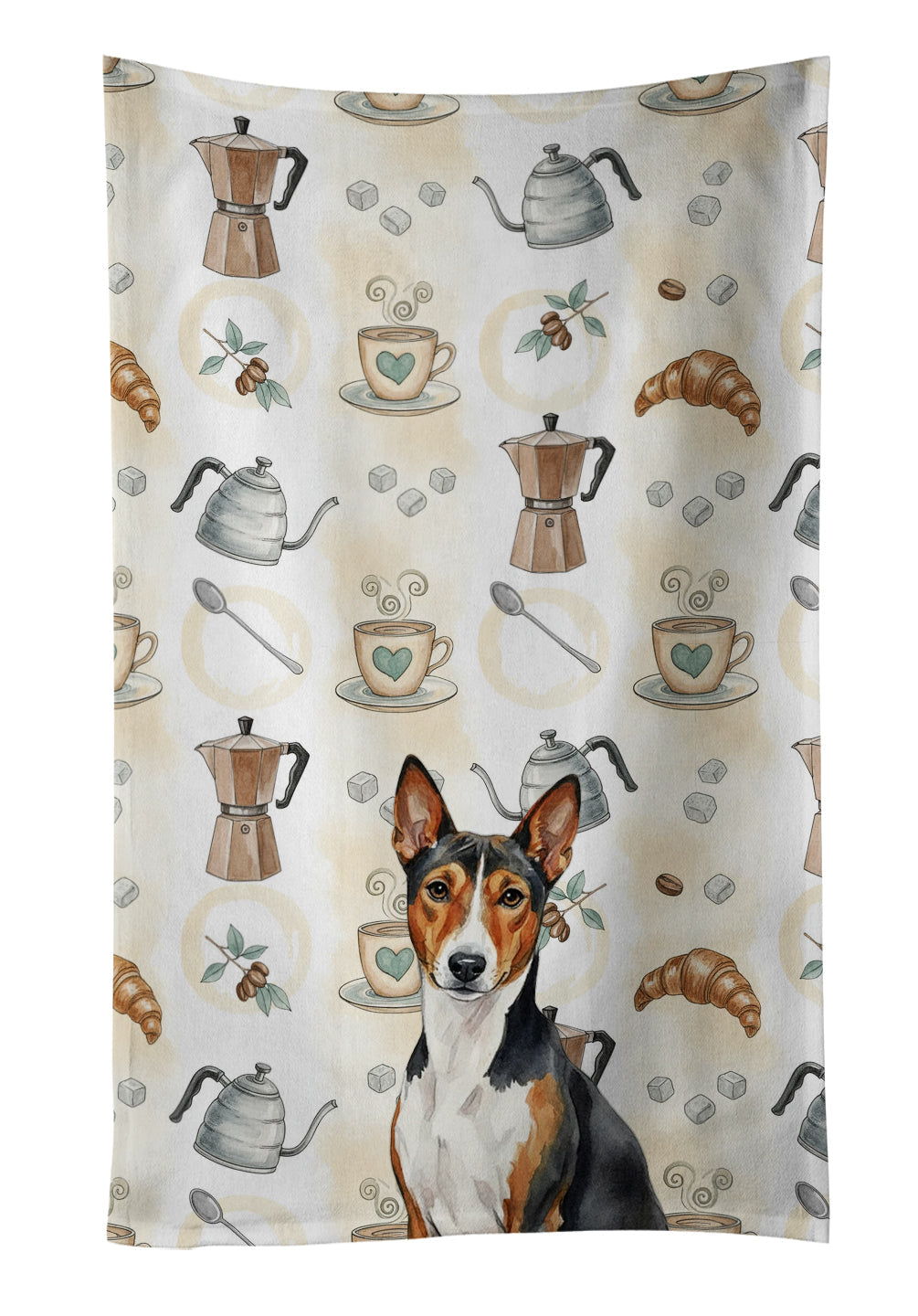 Tricolor and White Basenji Coffee Bar Kitchen Towel Velour Plush Front and Cotton Loop Back Machine Washable