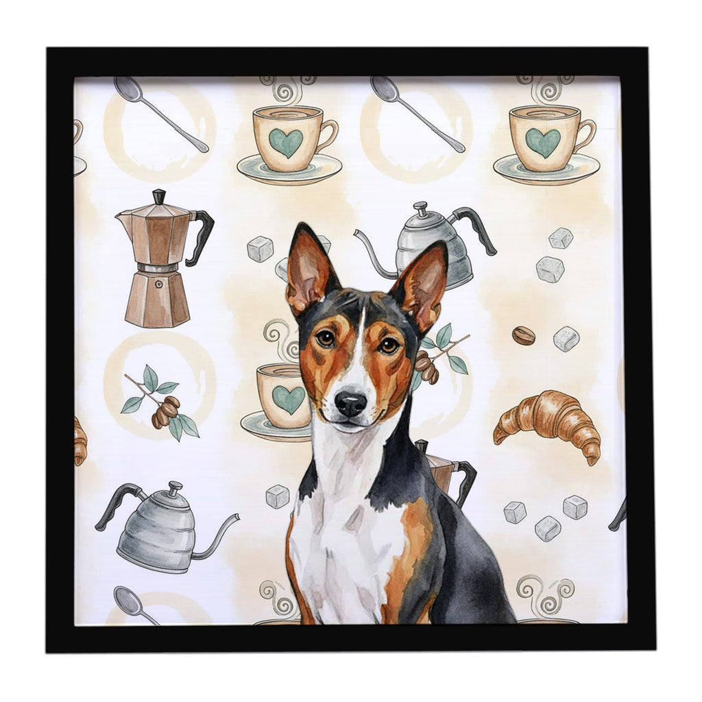 Tricolor and White Basenji Coffee Bar Framed Metal Print Bathroom, Kitchen, Office, Home Decor Wall Art Ready to Hang, Square, 8X8