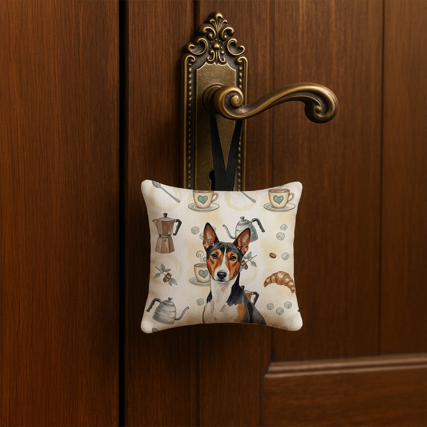 Tricolor and White Basenji Coffee Bar Hanging Square Fabric Ornament 3.5 � 3.5 Decorative Door-Knob & Tree Hanger, Soft Fabric