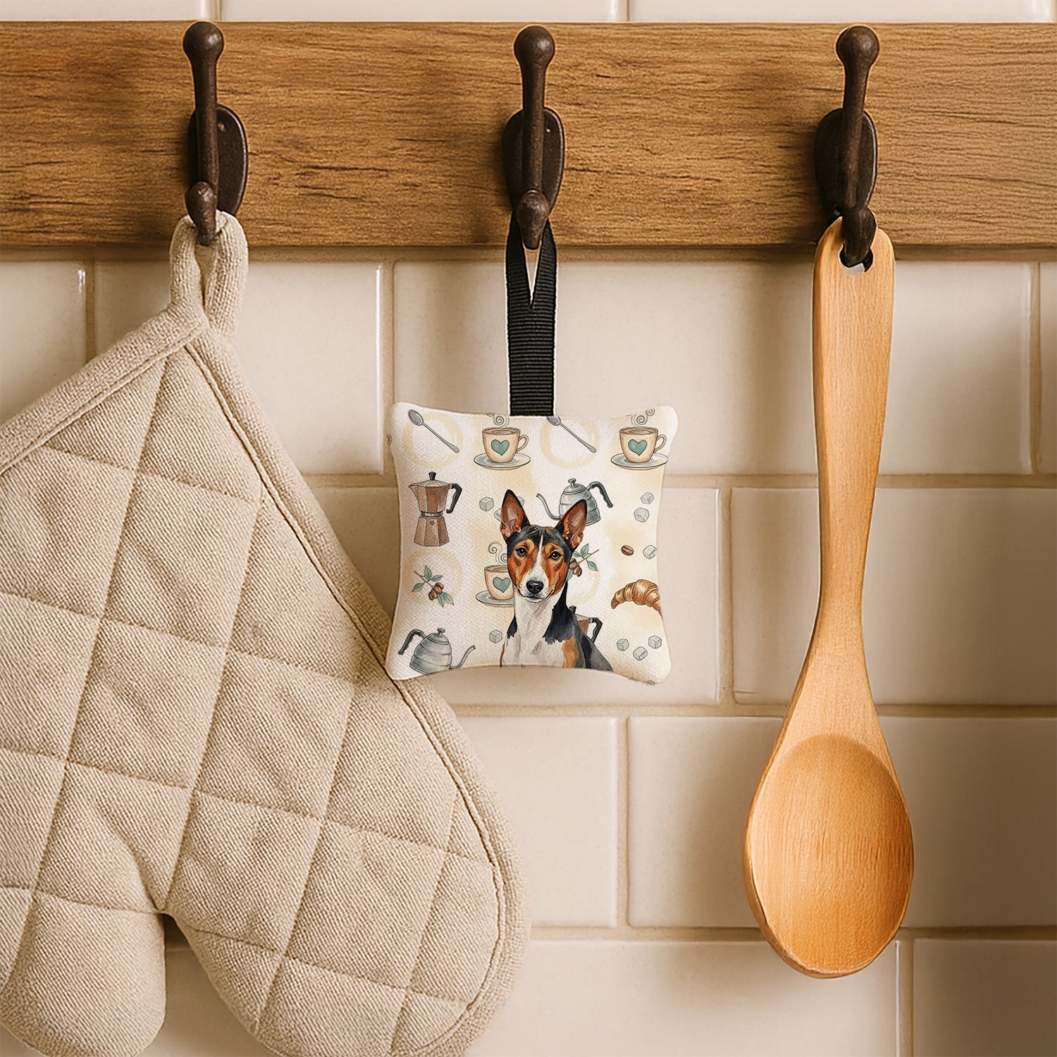 Tricolor and White Basenji Coffee Bar Hanging Square Fabric Ornament 3.5 � 3.5 Decorative Door-Knob & Tree Hanger, Soft Fabric