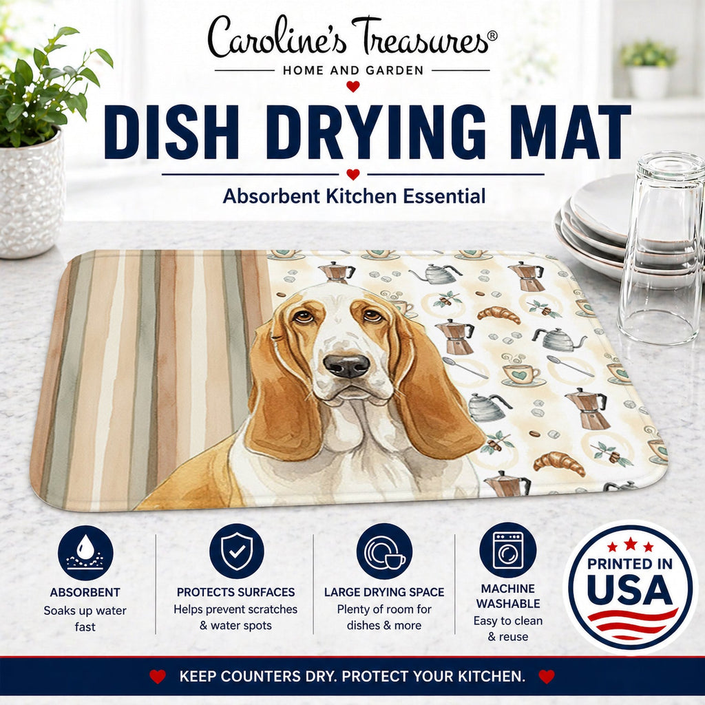 Lemon and White Basset Hound Coffee Bar Dish Drying Mat Absorbent Dish Drying Mat Pad for Kitchen Counter Dish Drainer Mat for Countertop, 14 x 21", Multicolor