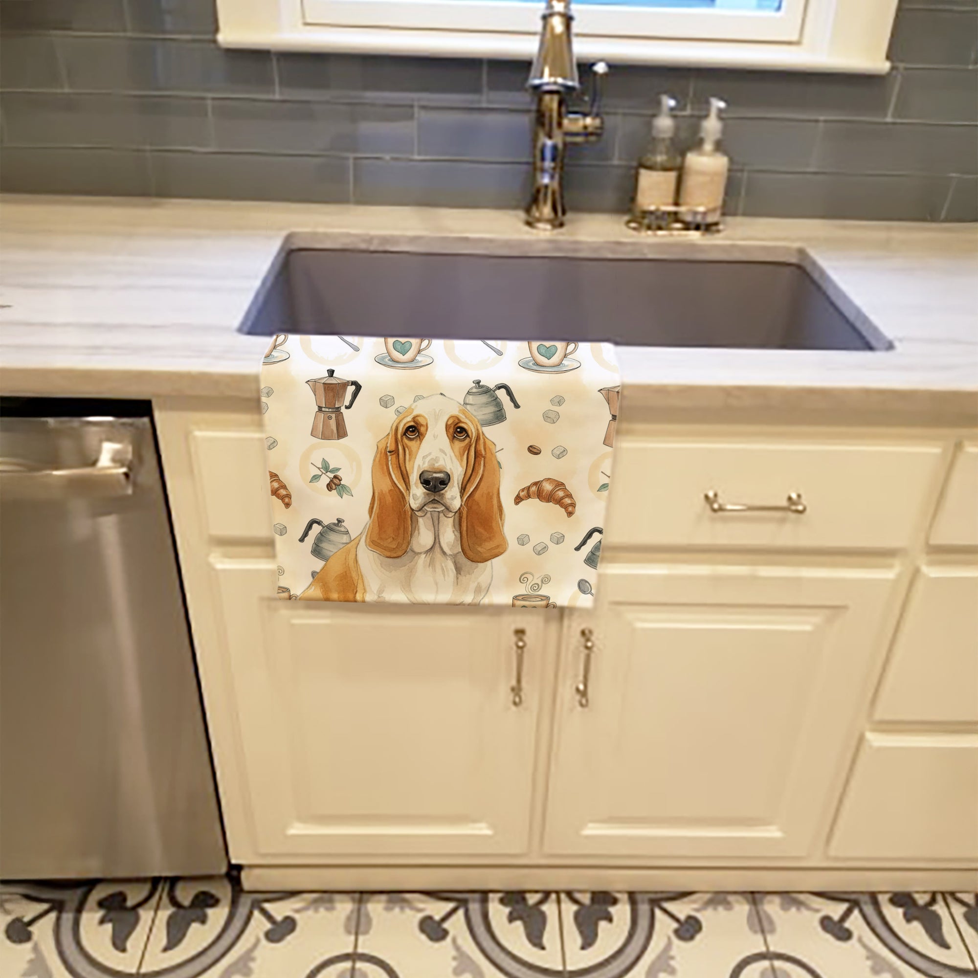 Lemon and White Basset Hound Coffee Bar Kitchen Towel Velour Plush Front and Cotton Loop Back Machine Washable