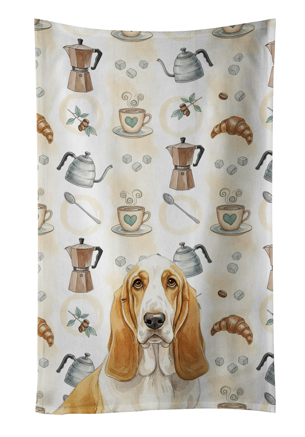 Lemon and White Basset Hound Coffee Bar Kitchen Towel Velour Plush Front and Cotton Loop Back Machine Washable