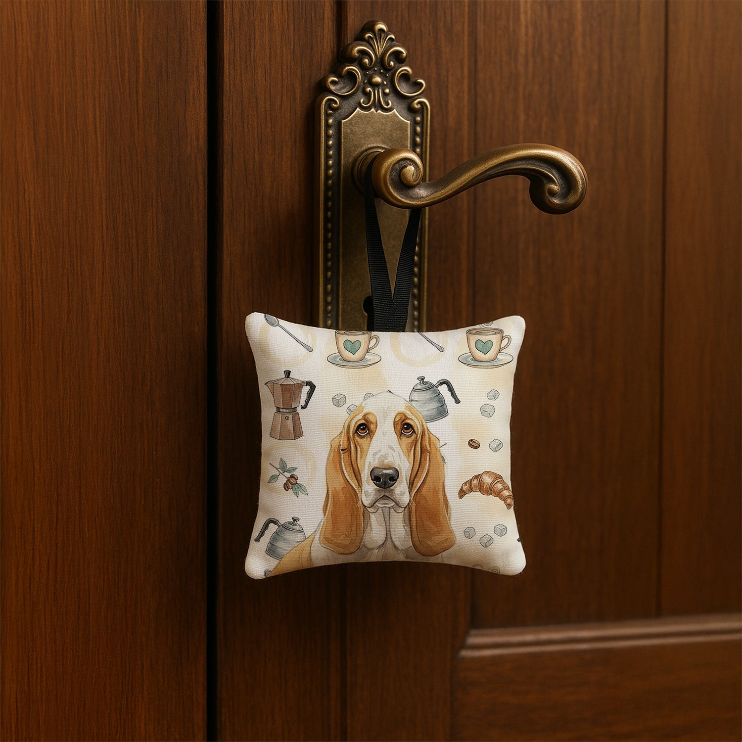 Lemon and White Basset Hound Coffee Bar Hanging Square Fabric Ornament 3.5 � 3.5 Decorative Door-Knob & Tree Hanger, Soft Fabric
