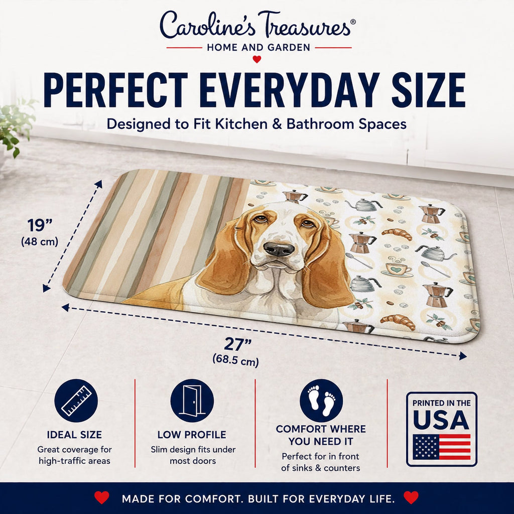 Lemon and White Basset Hound Coffee Bar Memory Foam Kitchen Mat Machine Washable Anti-Fatigue Cushion Comfort Bath or Kitchen Rug