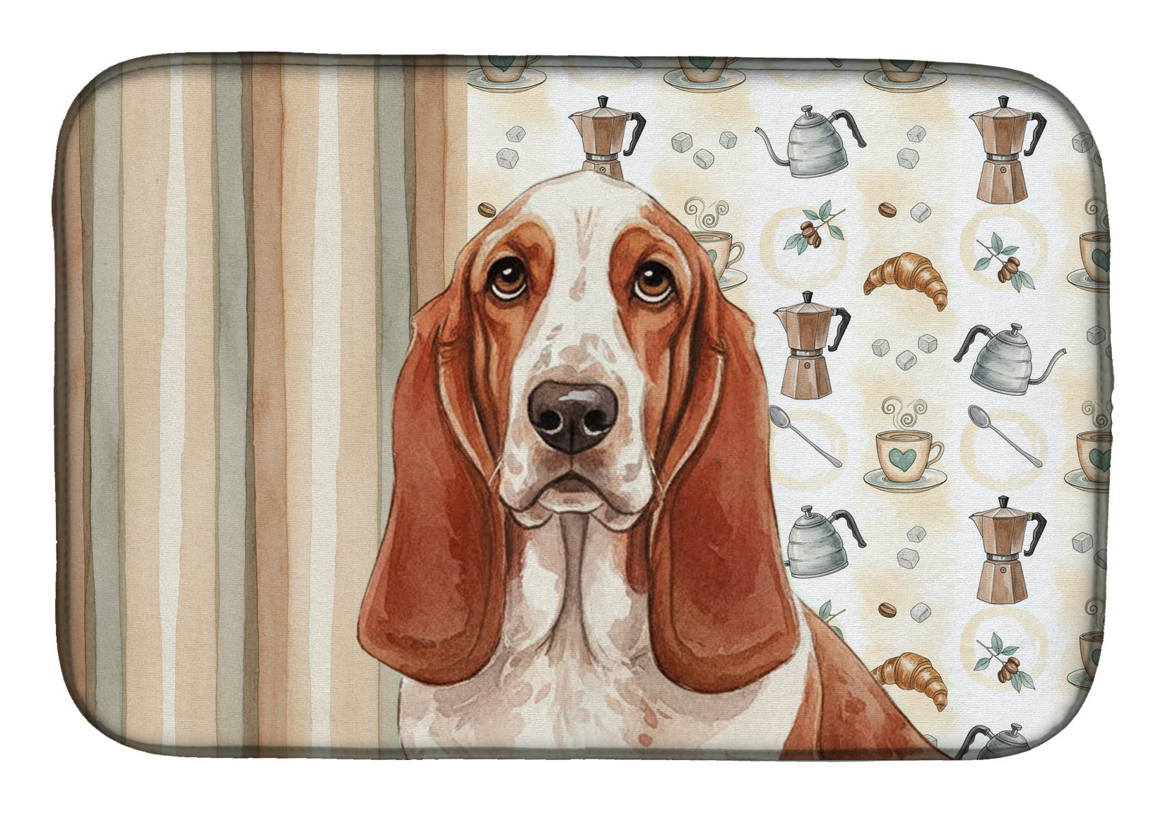 Red and White Basset Hound Coffee Bar Dish Drying Mat Absorbent Dish Drying Mat Pad for Kitchen Counter Dish Drainer Mat for Countertop, 14 x 21", Multicolor
