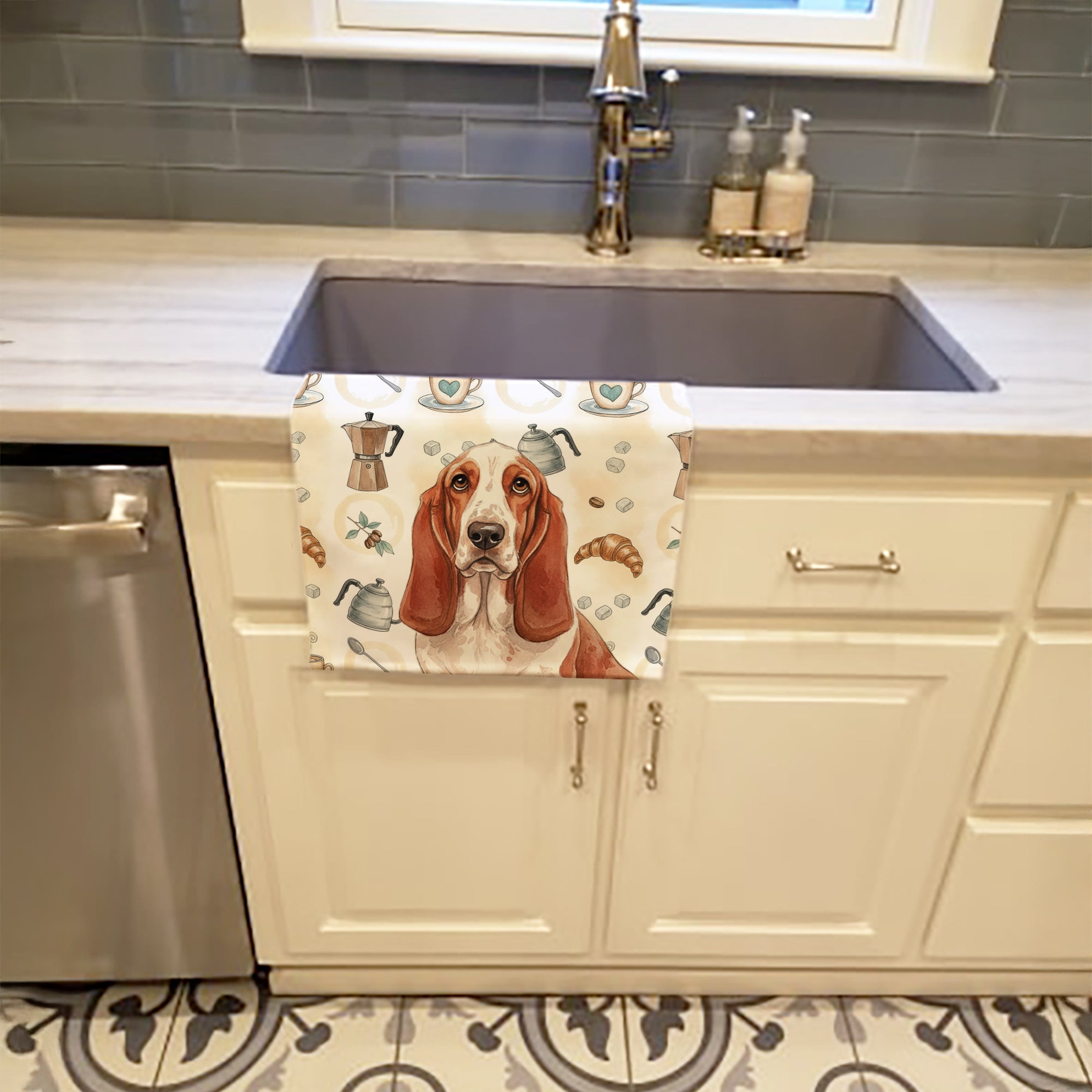 Red and White Basset Hound Coffee Bar Kitchen Towel Velour Plush Front and Cotton Loop Back Machine Washable