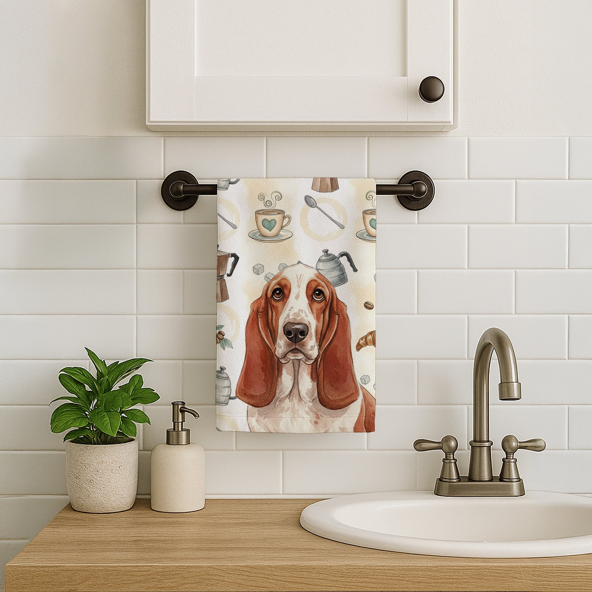 Red and White Basset Hound Coffee Bar Kitchen Towel Velour Plush Front and Cotton Loop Back Machine Washable