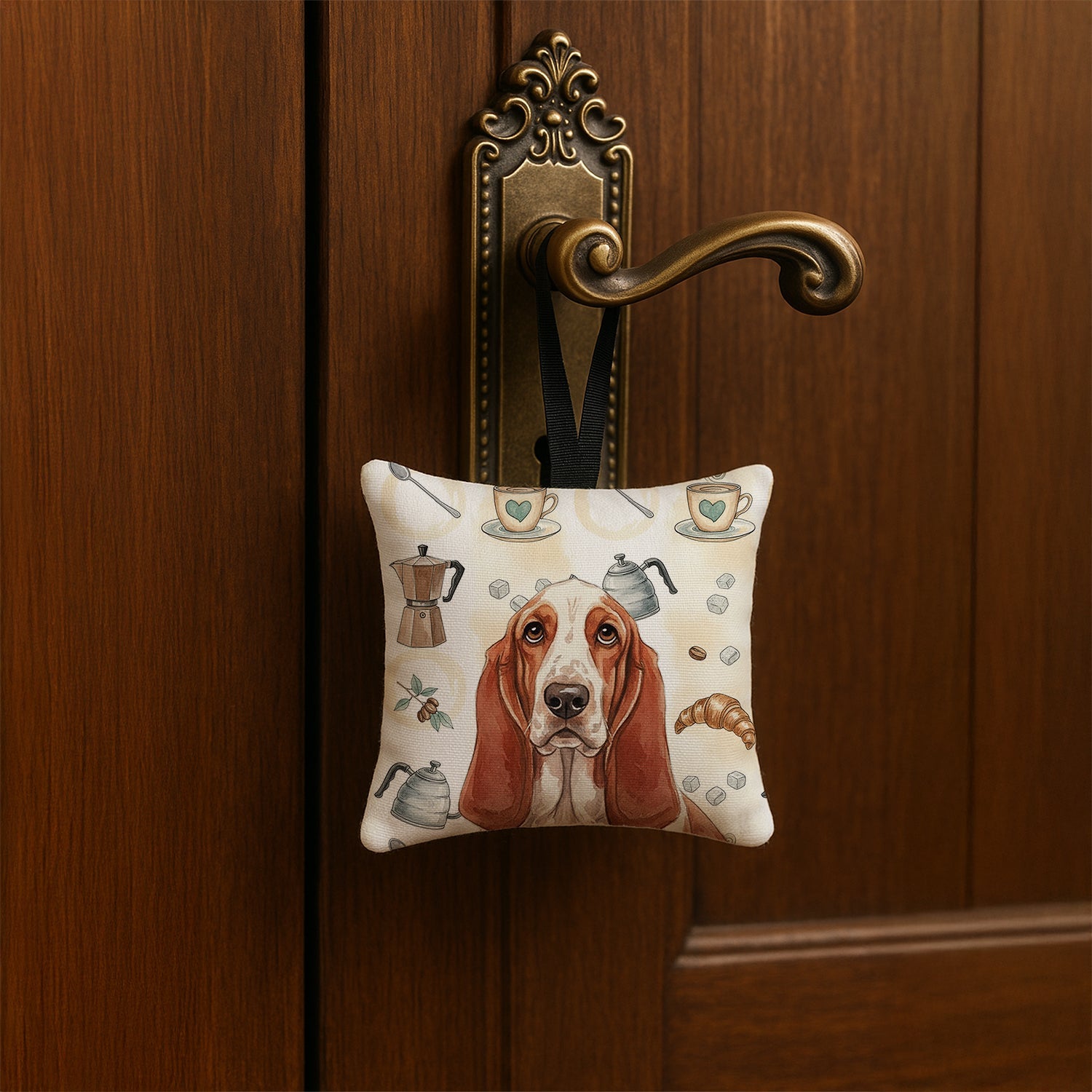 Red and White Basset Hound Coffee Bar Hanging Square Fabric Ornament 3.5 � 3.5 Decorative Door-Knob & Tree Hanger, Soft Fabric
