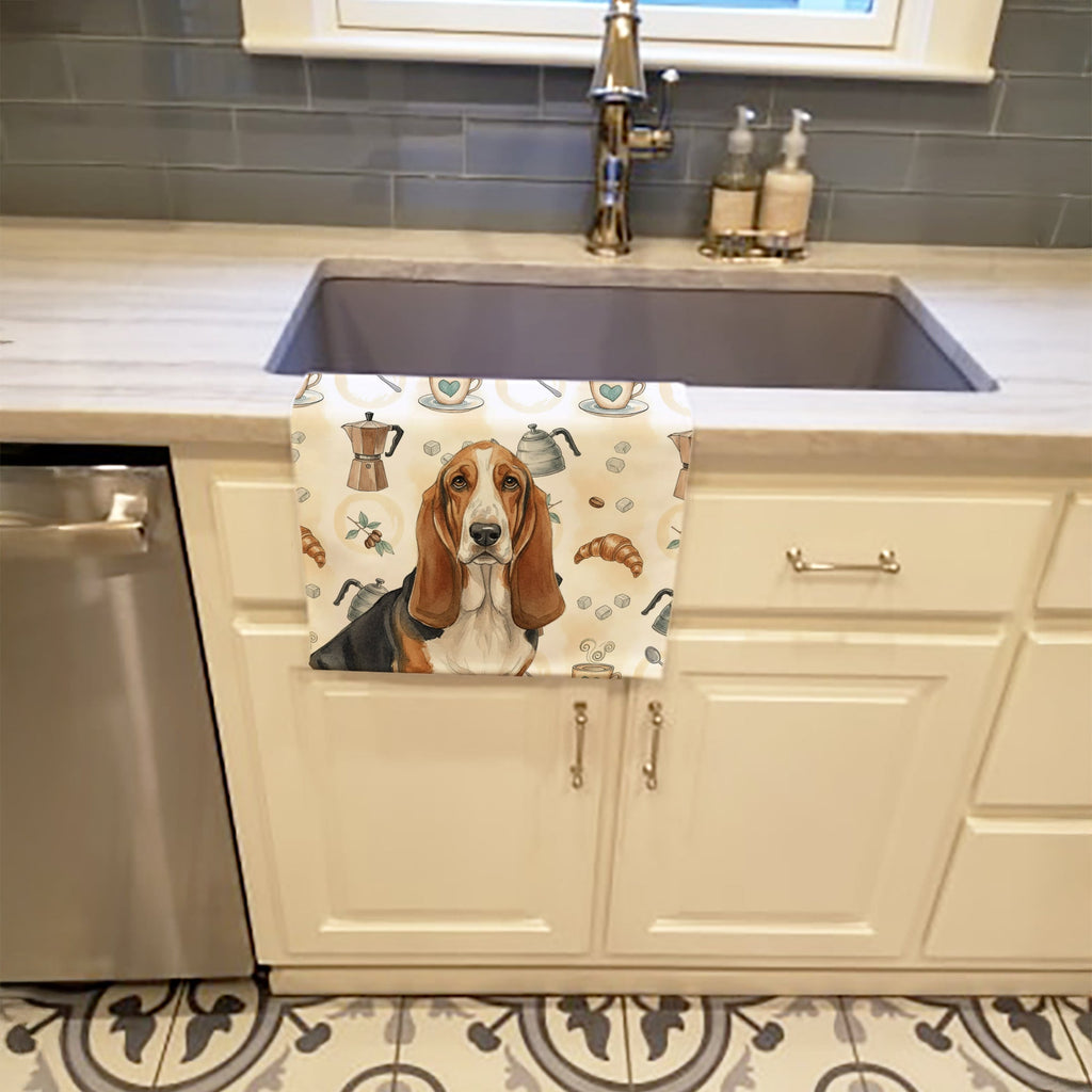 Tricolor and White Basset Hound Coffee Bar Kitchen Towel Velour Plush Front and Cotton Loop Back Machine Washable