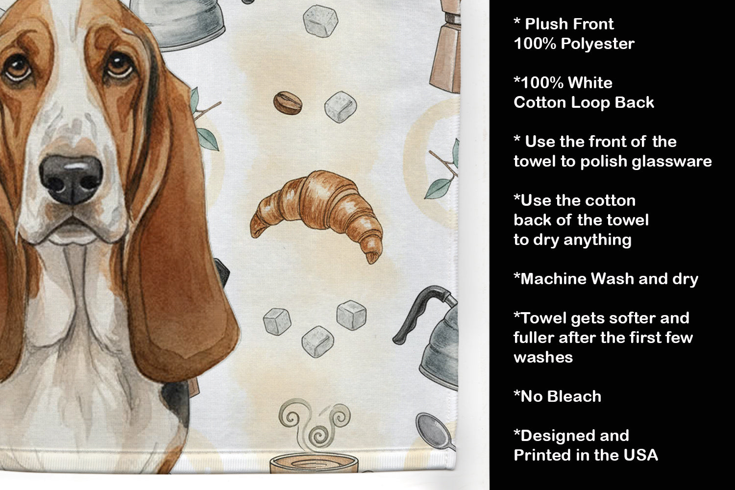 Tricolor and White Basset Hound Coffee Bar Kitchen Towel Velour Plush Front and Cotton Loop Back Machine Washable
