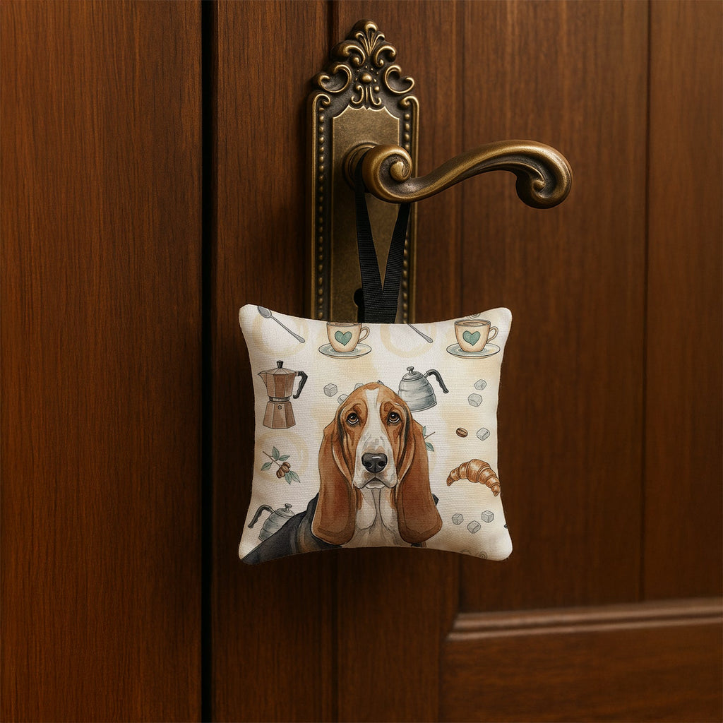 Tricolor and White Basset Hound Coffee Bar Hanging Square Fabric Ornament 3.5 � 3.5 Decorative Door-Knob & Tree Hanger, Soft Fabric
