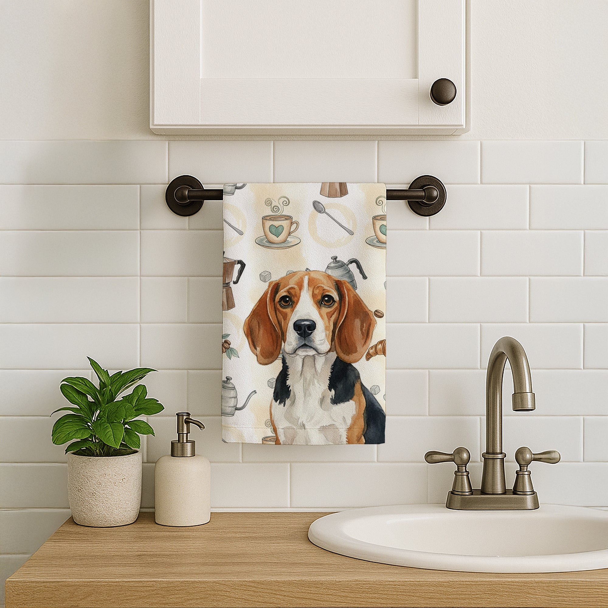 Beagle Coffee Bar Kitchen Towel Velour Plush Front and Cotton Loop Back Machine Washable