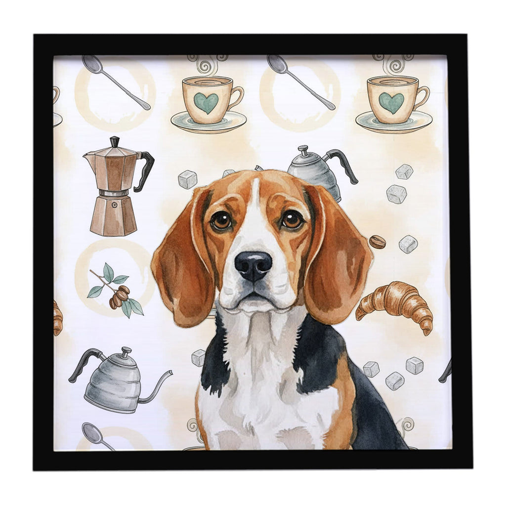 Beagle Coffee Bar Framed Metal Print Bathroom, Kitchen, Office, Home Decor Wall Art Ready to Hang, Square, 8X8