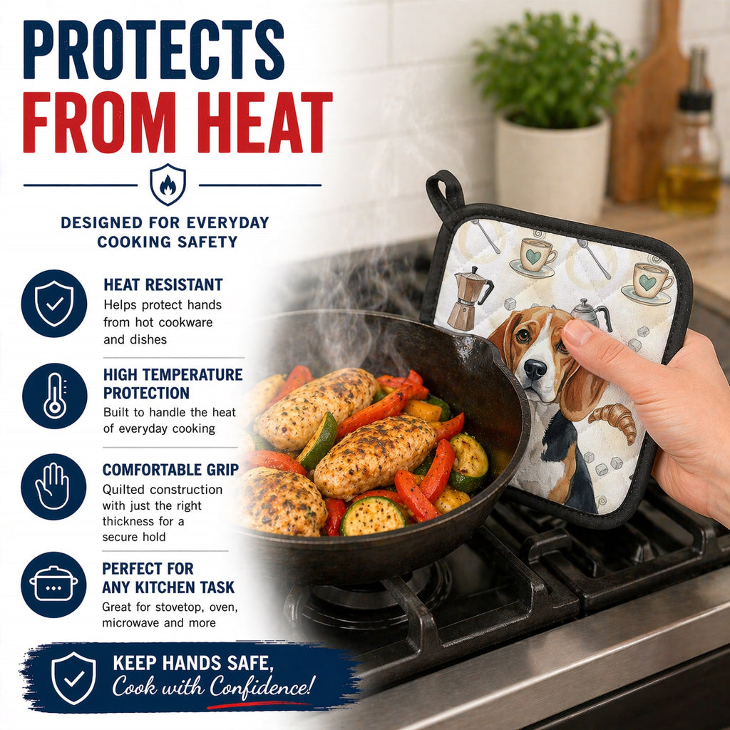 Beagle Coffee Bar Pot Holder Set of 2 Heat Resistant Quilted Hot Pads 7.5 x 7.5 Inch, Insulated Kitchen Trivets for Cooking & Baking