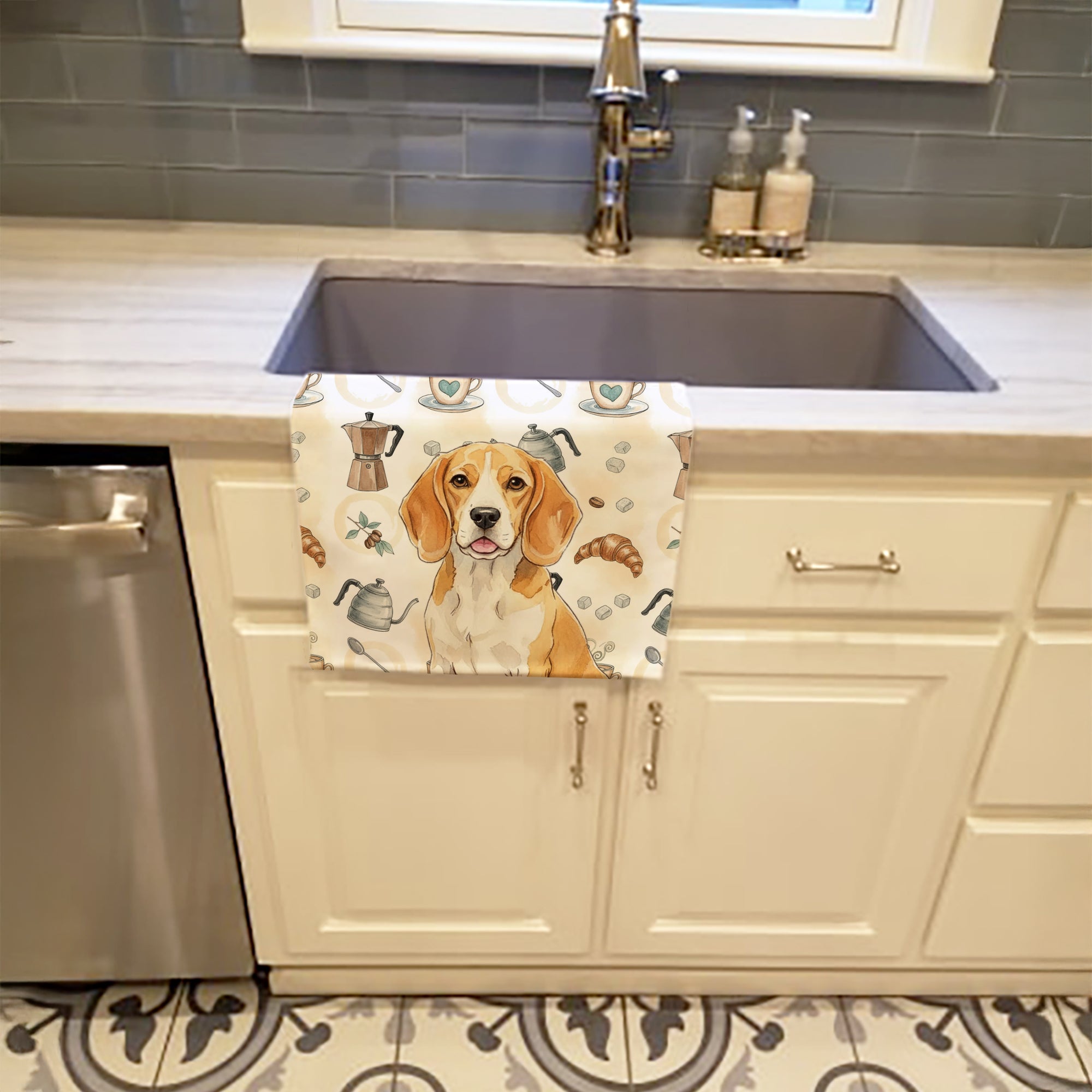 Lemon and White Beagle Coffee Bar Kitchen Towel Velour Plush Front and Cotton Loop Back Machine Washable