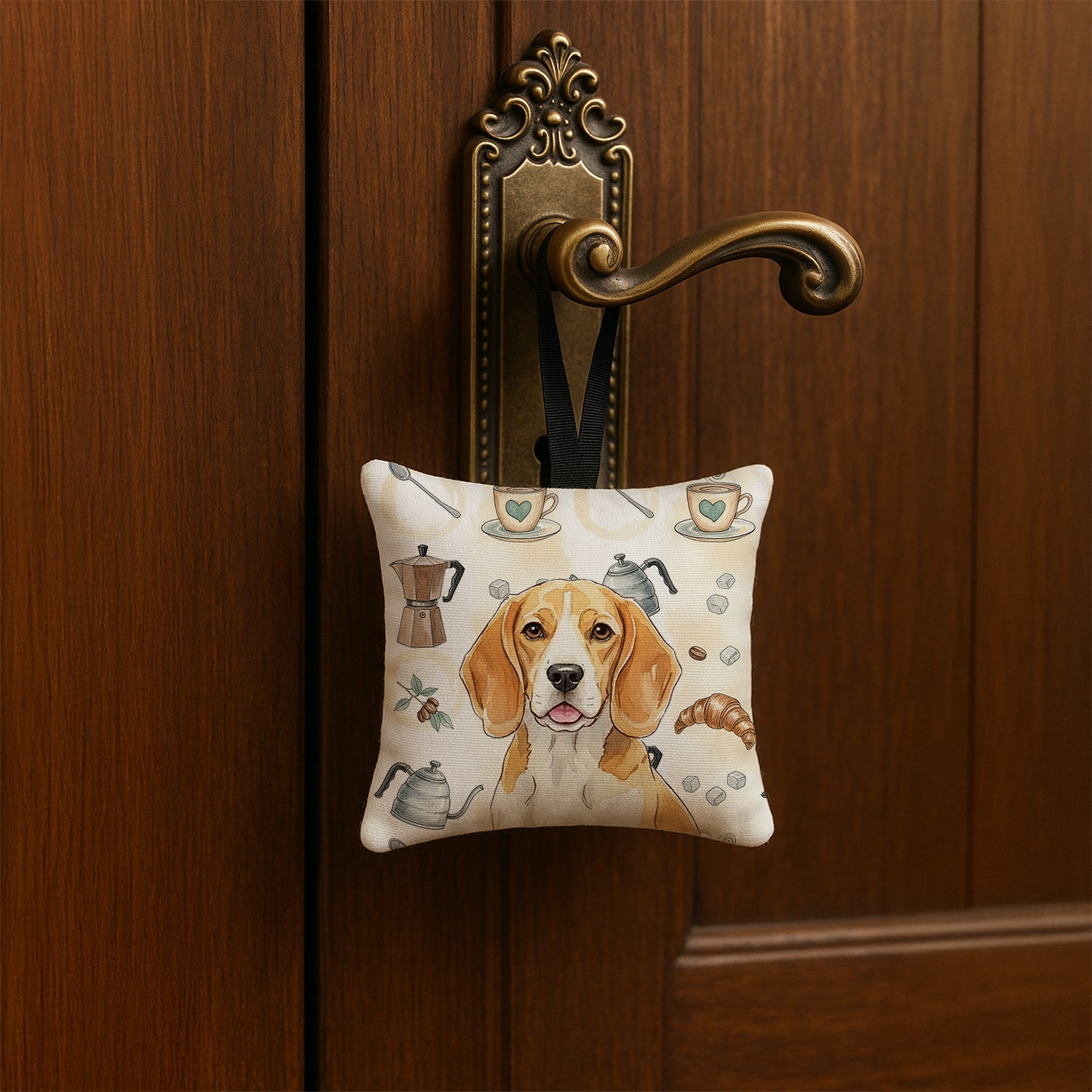 Lemon and White Beagle Coffee Bar Hanging Square Fabric Ornament 3.5 � 3.5 Decorative Door-Knob & Tree Hanger, Soft Fabric