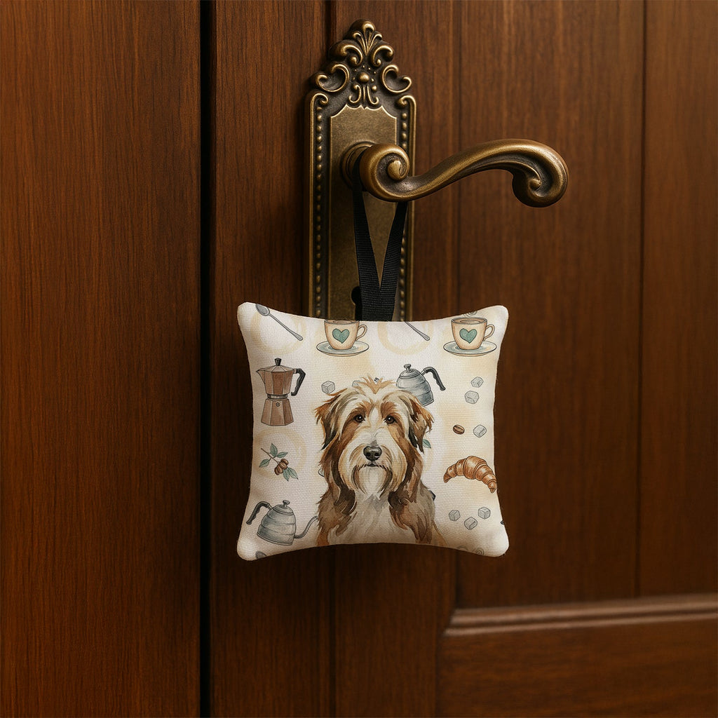 Brown Bearded Collie Coffee Bar Hanging Square Fabric Ornament 3.5 � 3.5 Decorative Door-Knob & Tree Hanger, Soft Fabric