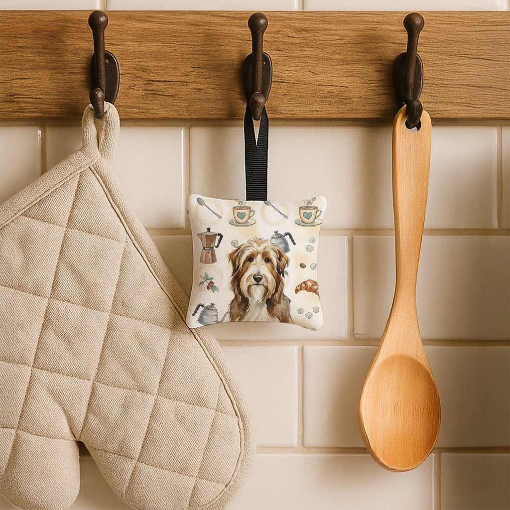 Brown Bearded Collie Coffee Bar Hanging Square Fabric Ornament 3.5 � 3.5 Decorative Door-Knob & Tree Hanger, Soft Fabric