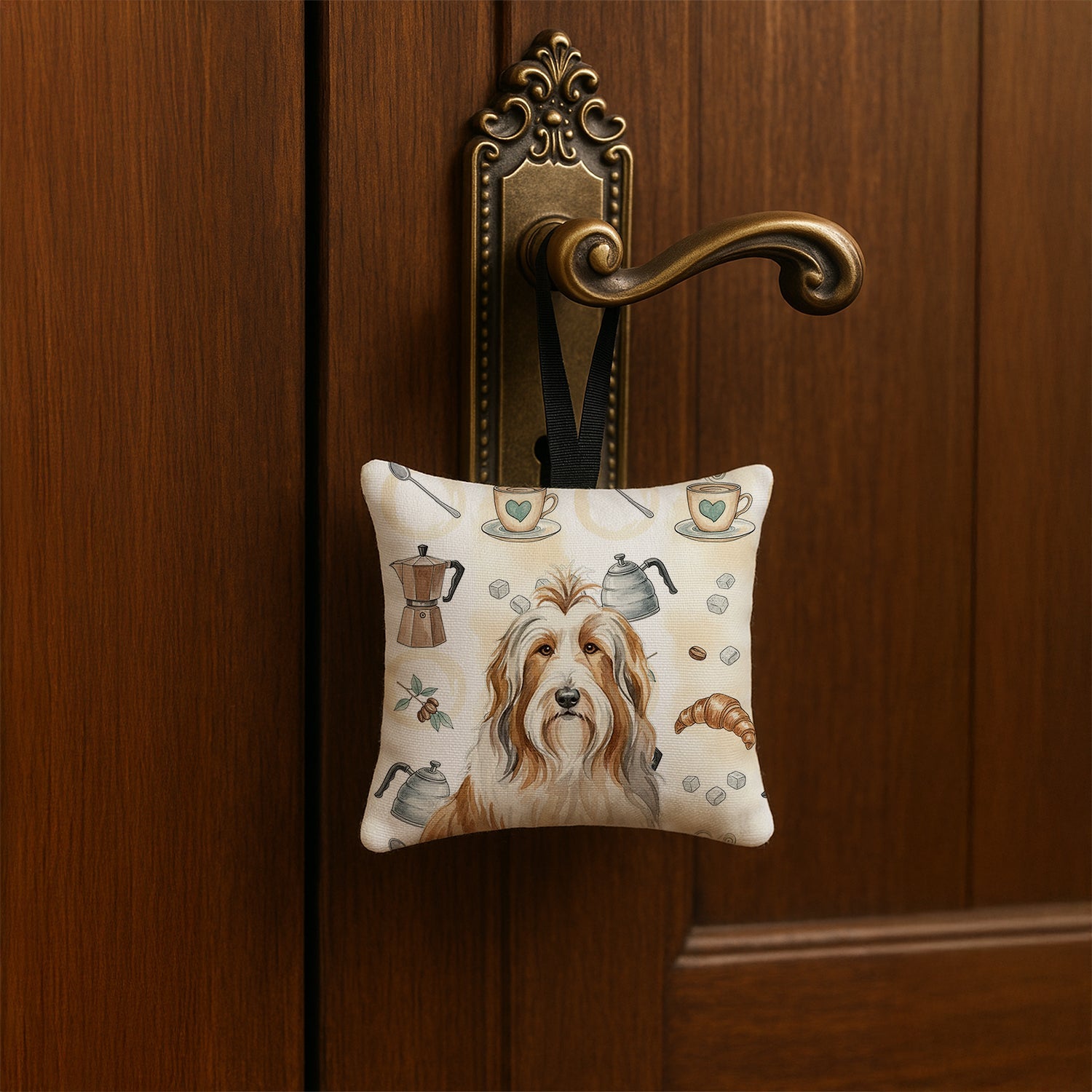 Fawn Bearded Collie Coffee Bar Hanging Square Fabric Ornament 3.5 � 3.5 Decorative Door-Knob & Tree Hanger, Soft Fabric
