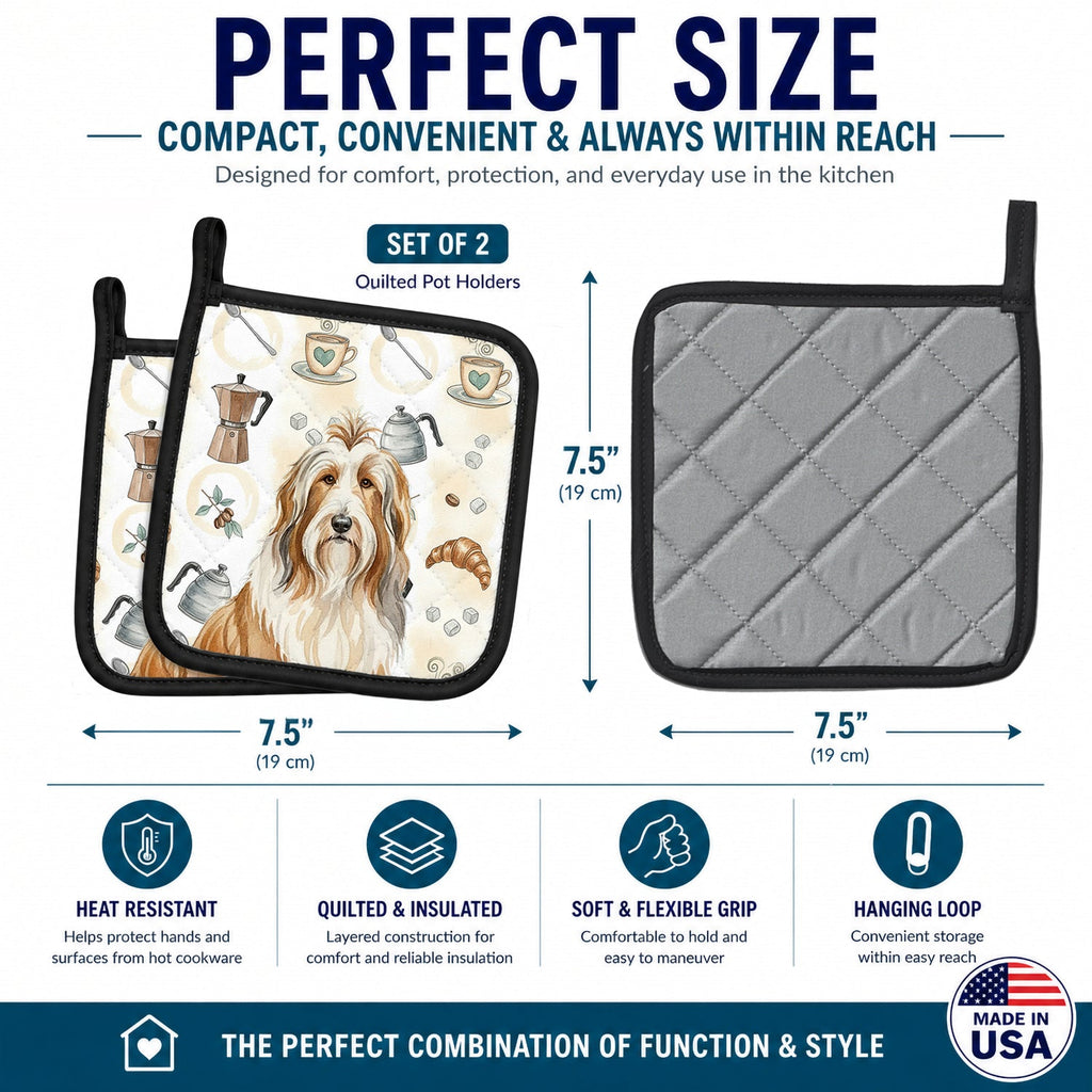Fawn Bearded Collie Coffee Bar Pot Holder Set of 2 Heat Resistant Quilted Hot Pads 7.5 x 7.5 Inch, Insulated Kitchen Trivets for Cooking & Baking