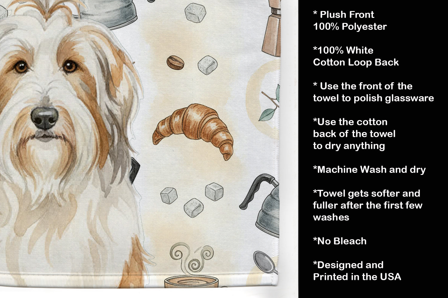 White and Tan Bearded Collie Coffee Bar Kitchen Towel Velour Plush Front and Cotton Loop Back Machine Washable