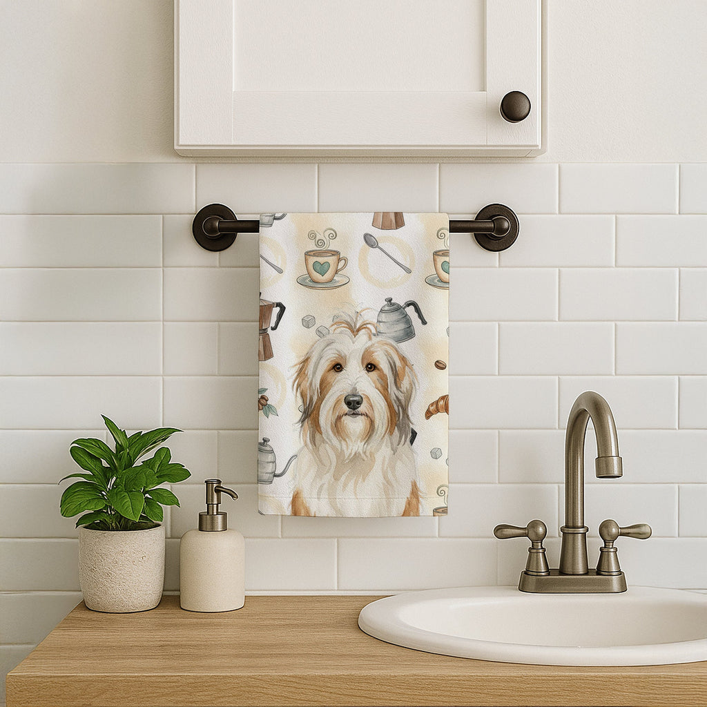 White and Tan Bearded Collie Coffee Bar Kitchen Towel Velour Plush Front and Cotton Loop Back Machine Washable