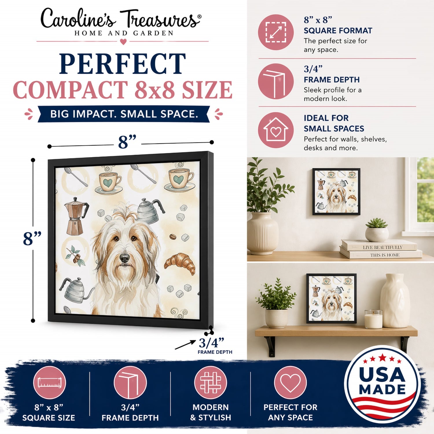 White and Tan Bearded Collie Coffee Bar Framed Metal Print Bathroom, Kitchen, Office, Home Decor Wall Art Ready to Hang, Square, 8X8