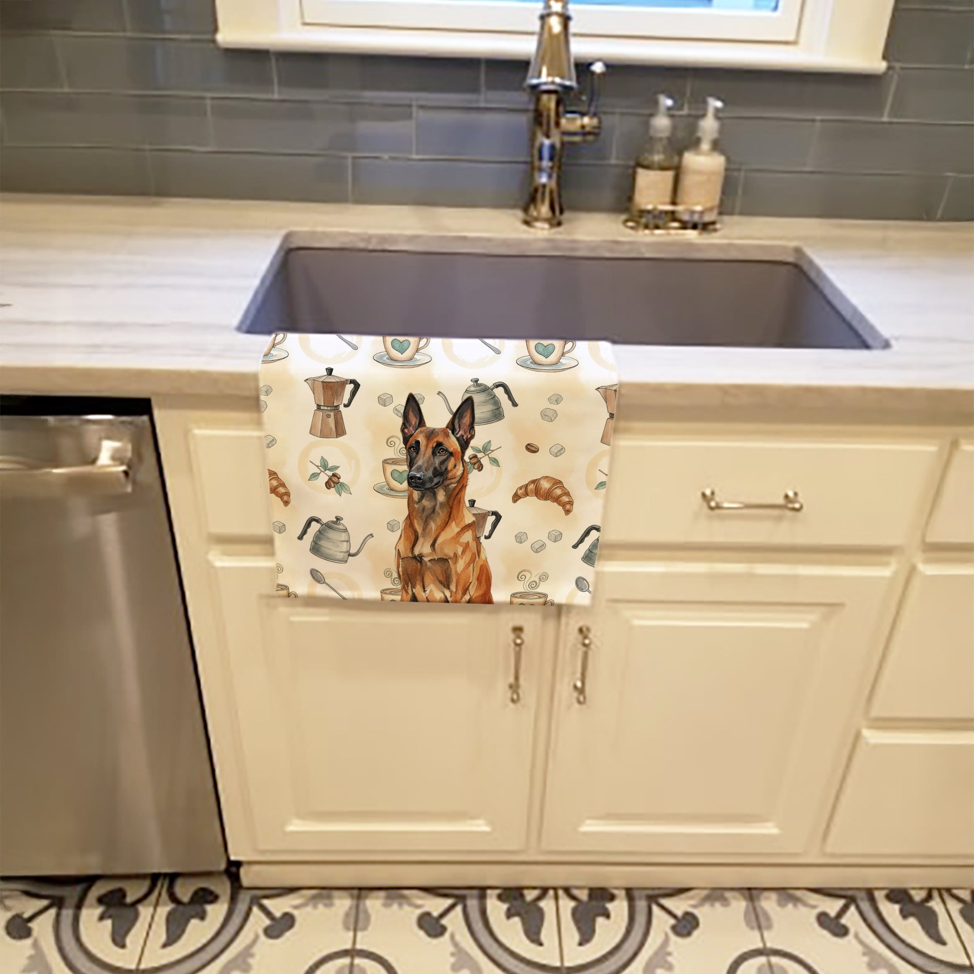 Mahogany Belgian Malinois Coffee Bar Kitchen Towel Velour Plush Front and Cotton Loop Back Machine Washable