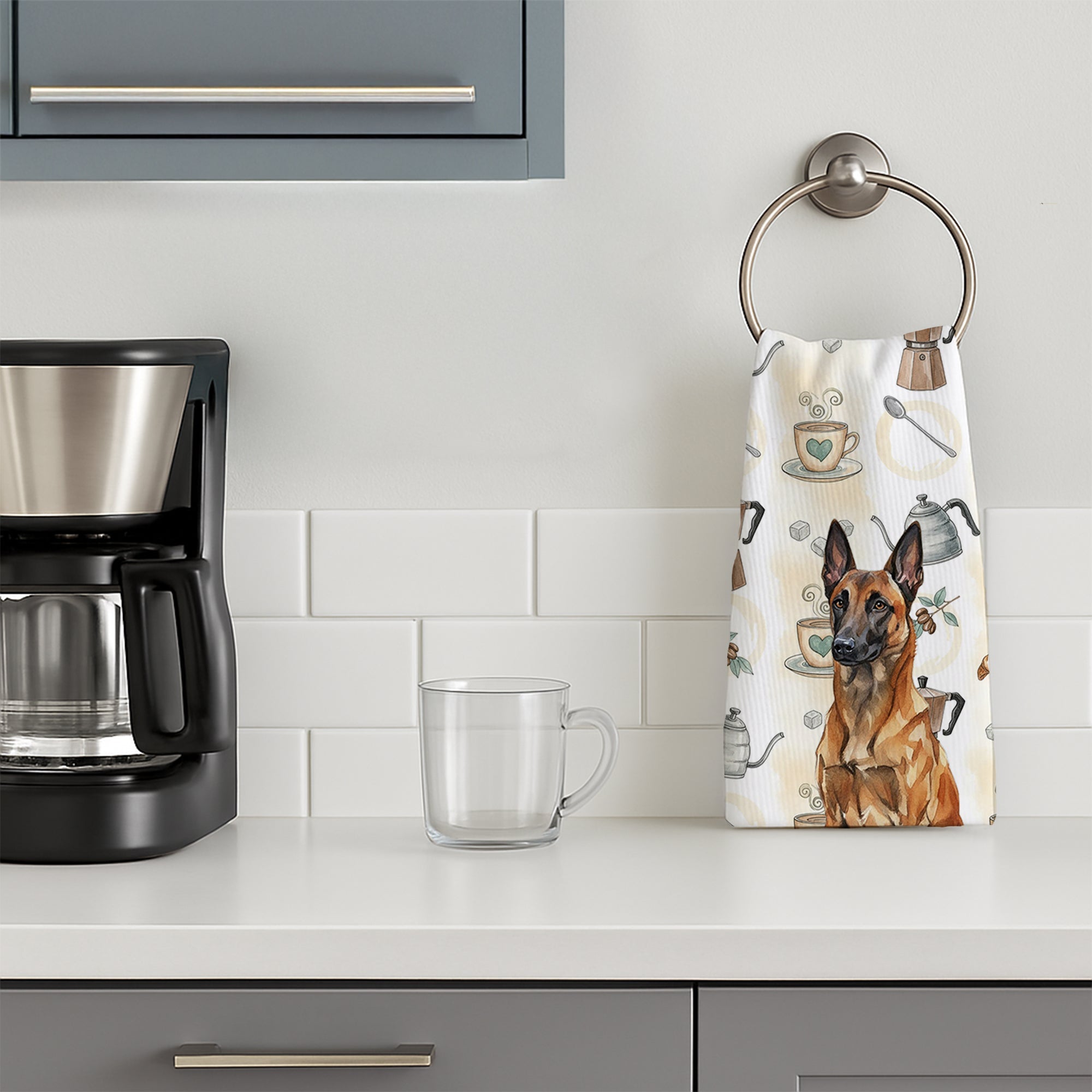 Mahogany Belgian Malinois Coffee Bar Kitchen Towel Velour Plush Front and Cotton Loop Back Machine Washable