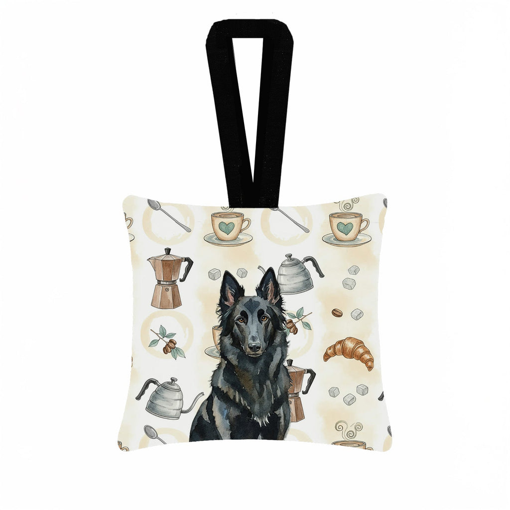 Belgian Sheepdog Groenendael Coffee Bar Hanging Square Fabric Ornament 3.5 � 3.5 Decorative Door-Knob & Tree Hanger, Soft Fabric