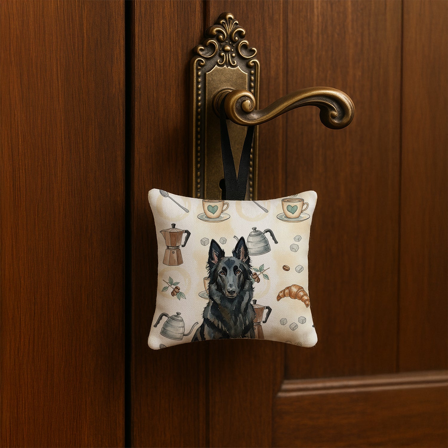 Belgian Sheepdog Groenendael Coffee Bar Hanging Square Fabric Ornament 3.5 � 3.5 Decorative Door-Knob & Tree Hanger, Soft Fabric
