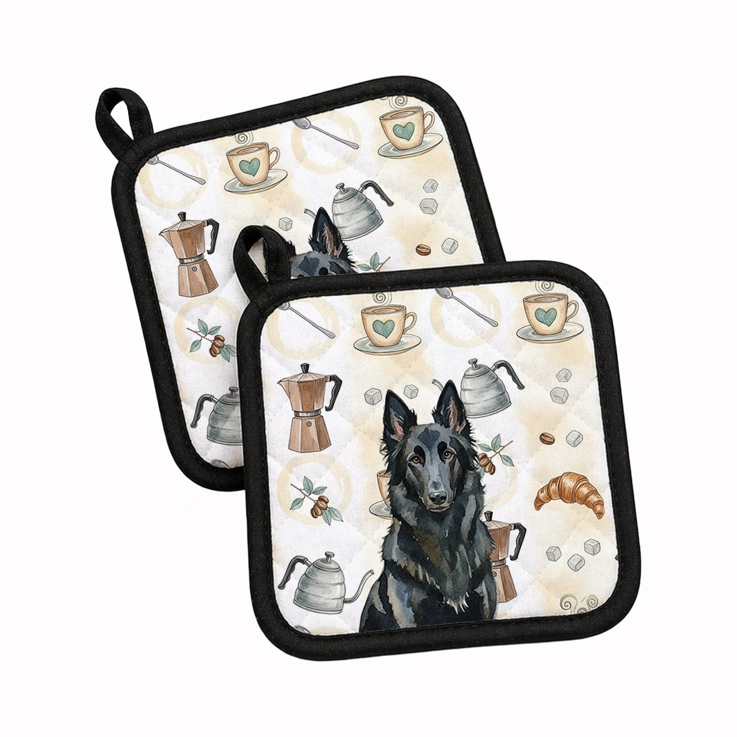 Belgian Sheepdog Groenendael Coffee Bar Pot Holder Set of 2 Heat Resistant Quilted Hot Pads 7.5 x 7.5 Inch, Insulated Kitchen Trivets for Cooking & Baking