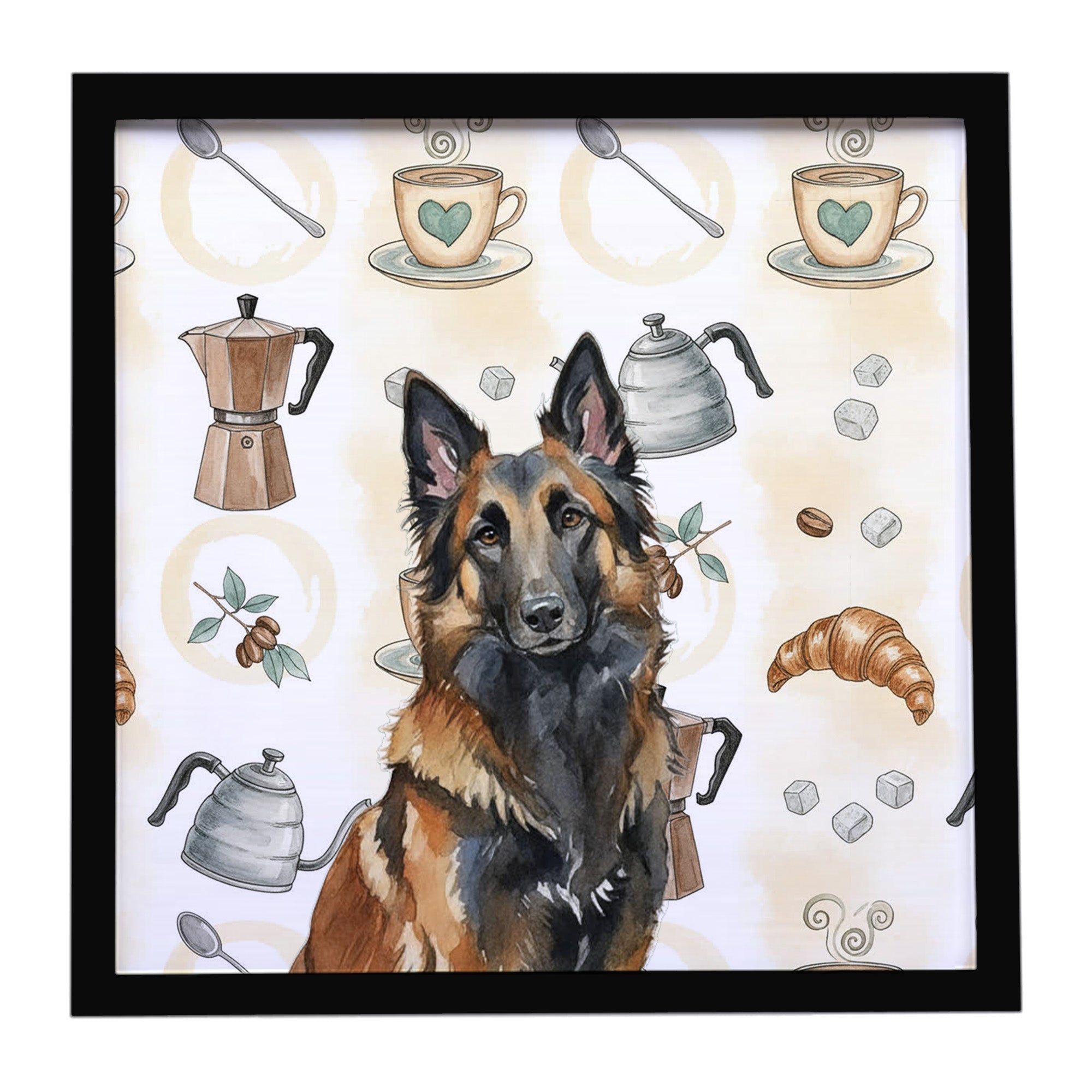 Belgian Tervuren Coffee Bar Framed Metal Print Bathroom, Kitchen, Office, Home Decor Wall Art Ready to Hang, Square, 8X8