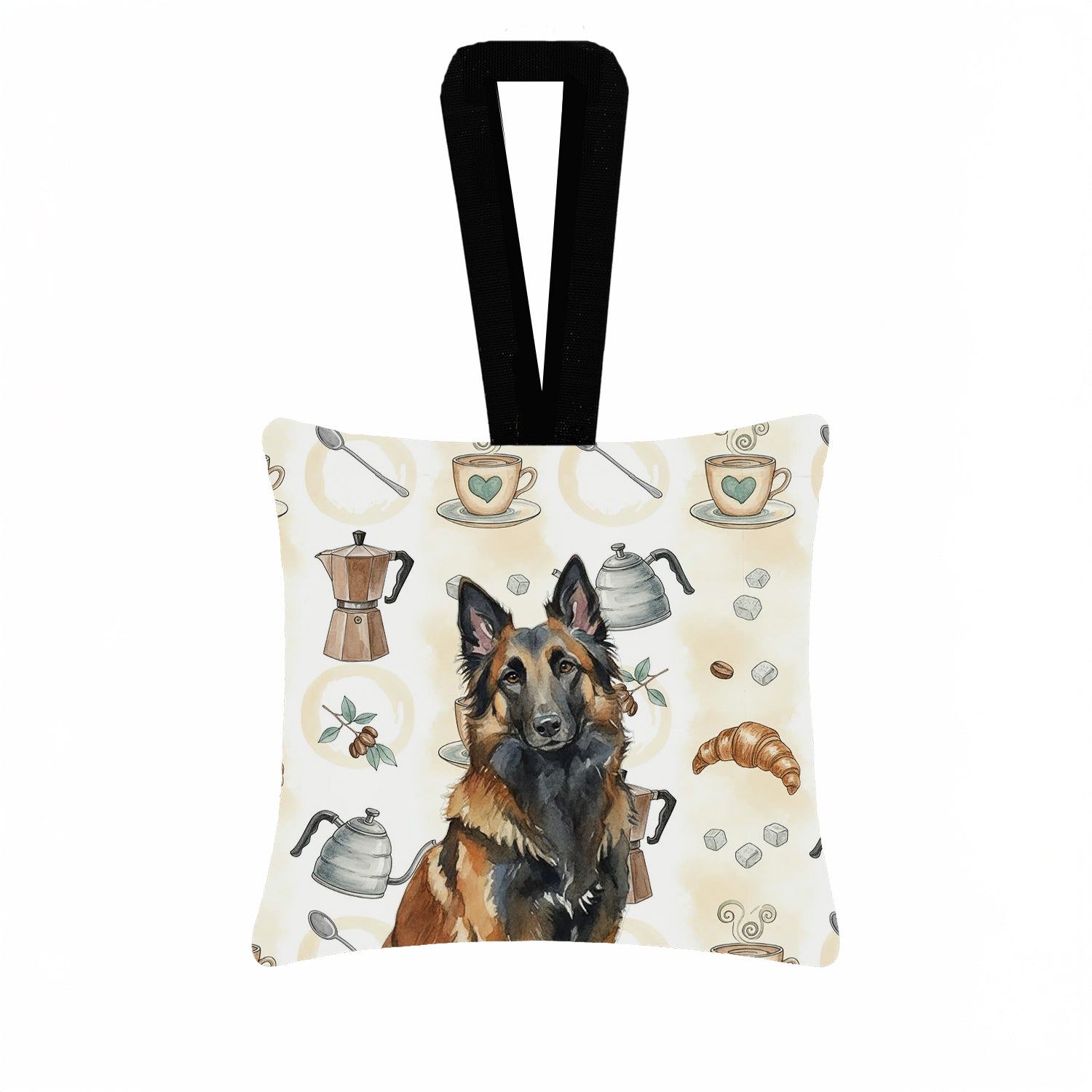 Belgian Tervuren Coffee Bar Hanging Square Fabric Ornament 3.5 � 3.5 Decorative Door-Knob & Tree Hanger, Soft Fabric
