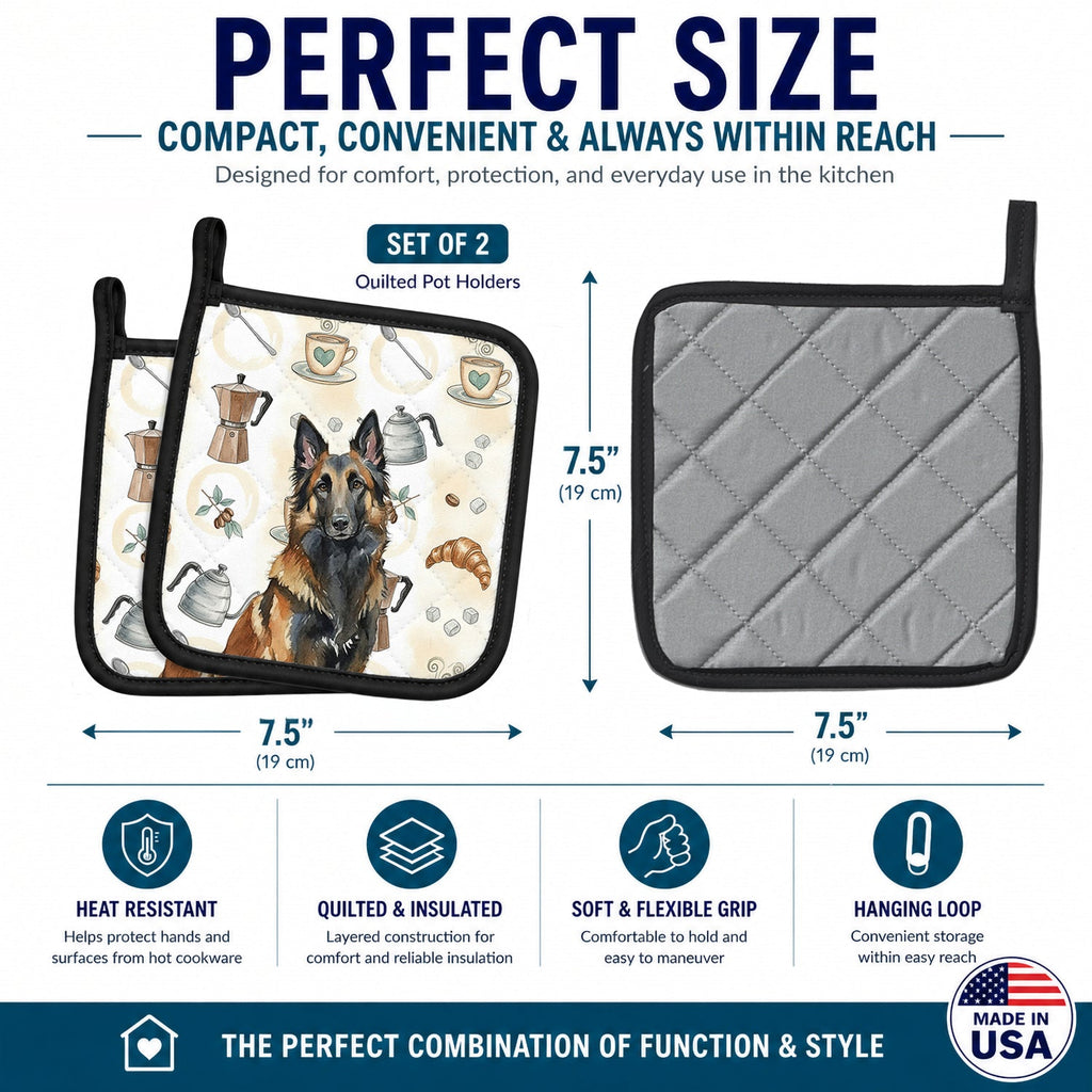 Belgian Tervuren Coffee Bar Pot Holder Set of 2 Heat Resistant Quilted Hot Pads 7.5 x 7.5 Inch, Insulated Kitchen Trivets for Cooking & Baking