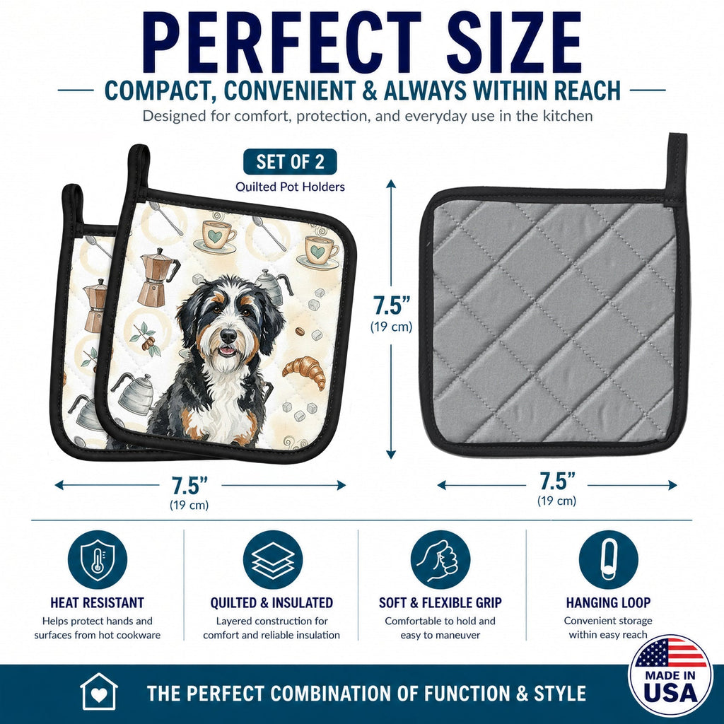 Berndoodle Coffee Bar Pot Holder Set of 2 Heat Resistant Quilted Hot Pads 7.5 x 7.5 Inch, Insulated Kitchen Trivets for Cooking & Baking