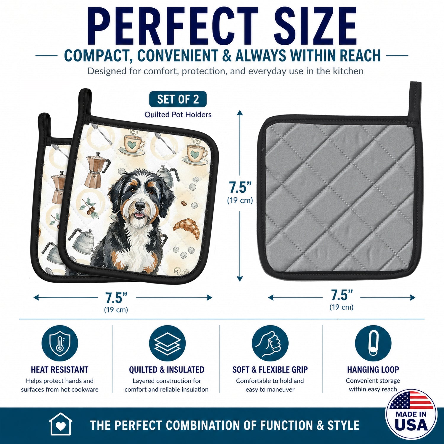 Berndoodle Coffee Bar Pot Holder Set of 2 Heat Resistant Quilted Hot Pads 7.5 x 7.5 Inch, Insulated Kitchen Trivets for Cooking & Baking