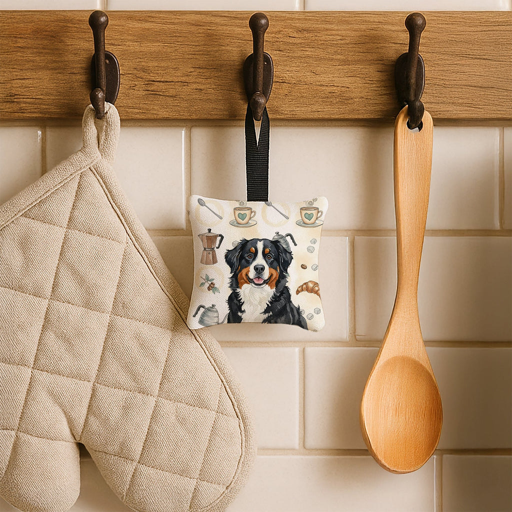Bernese Mountain Dog Coffee Bar Hanging Square Fabric Ornament 3.5 � 3.5 Decorative Door-Knob & Tree Hanger, Soft Fabric
