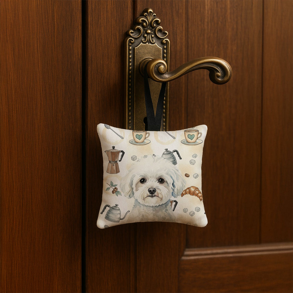 Bichon Frise Coffee Bar Hanging Square Fabric Ornament 3.5 � 3.5 Decorative Door-Knob & Tree Hanger, Soft Fabric