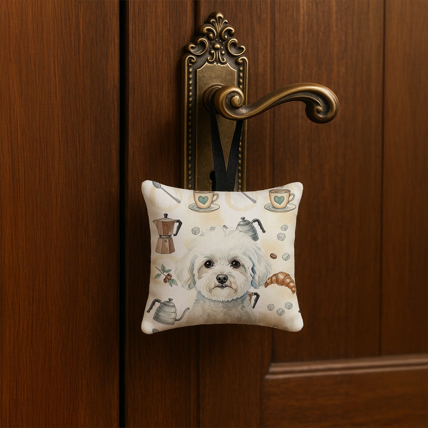 Bichon Frise Coffee Bar Hanging Square Fabric Ornament 3.5 � 3.5 Decorative Door-Knob & Tree Hanger, Soft Fabric
