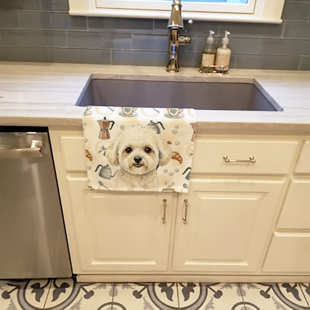 White and Cream Bichon Frise Coffee Bar Kitchen Towel Velour Plush Front and Cotton Loop Back Machine Washable