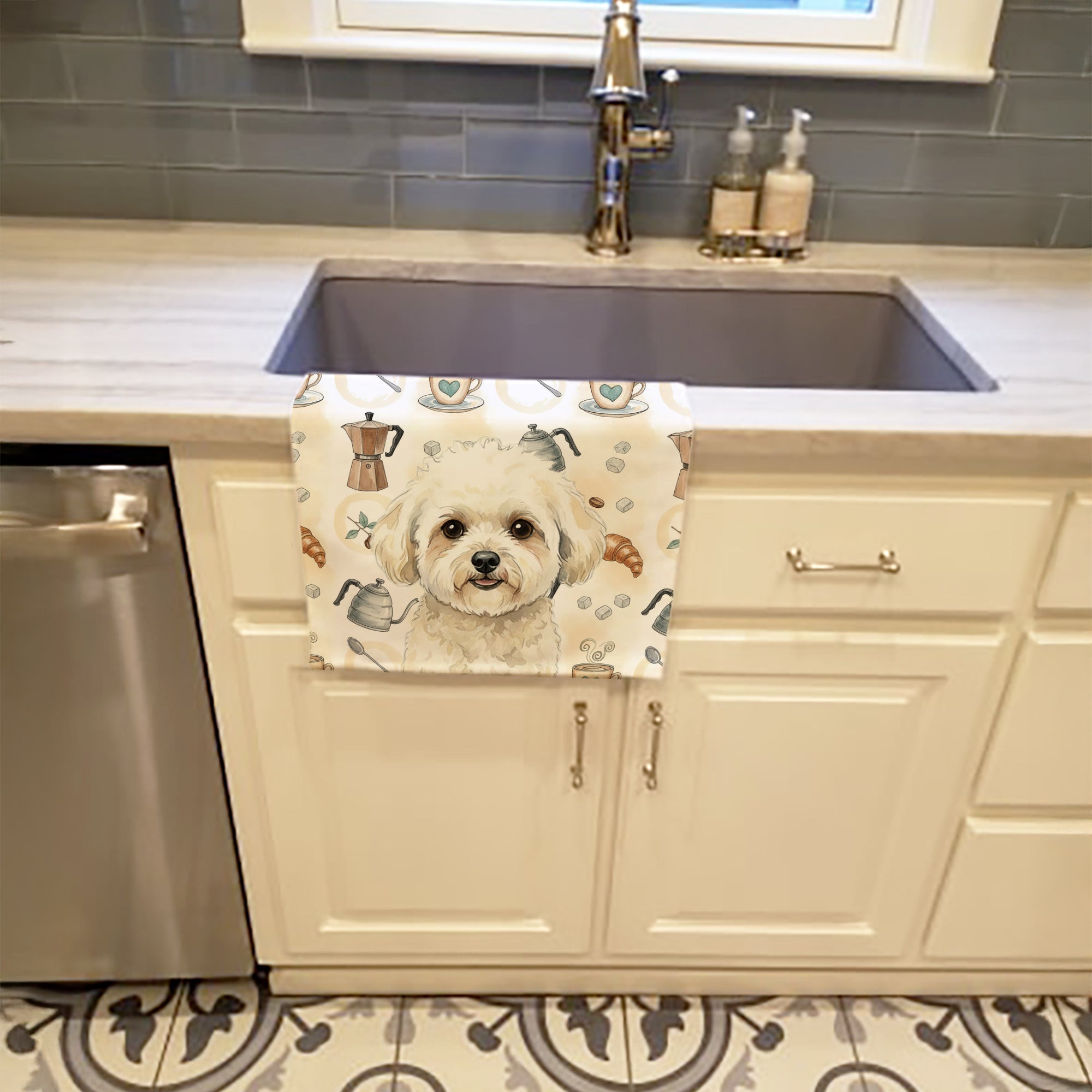 White and Cream Bichon Frise Coffee Bar Kitchen Towel Velour Plush Front and Cotton Loop Back Machine Washable