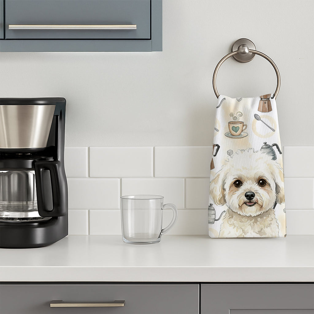 White and Cream Bichon Frise Coffee Bar Kitchen Towel Velour Plush Front and Cotton Loop Back Machine Washable
